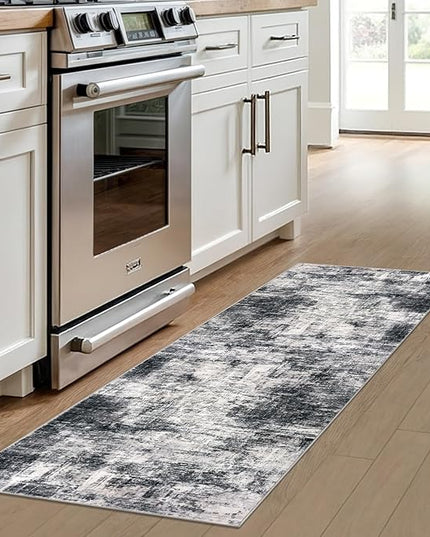 IOHOUZE Abstract Runner Rug 2x6 Ft Washable Runners for Hallways, Non Slip Kitchen Runner Printed Faux Wool Entryway Runner Indoor, Modern Abstract Floor Carpet for Hall Kitchen Bedroom, Black Gey