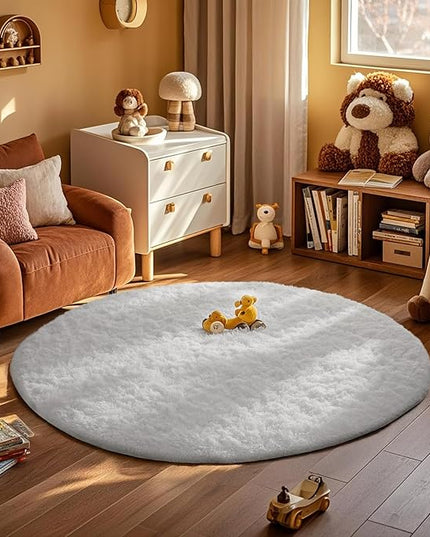 Ophanie Round Rug 6Ft White Circle Area Rug, Aesthetic Room Decor, Fluffy Fuzzy Bedroom Carpet, Plush Soft Shaggy Living Room Rugs for Kids Home Decor, Nursery