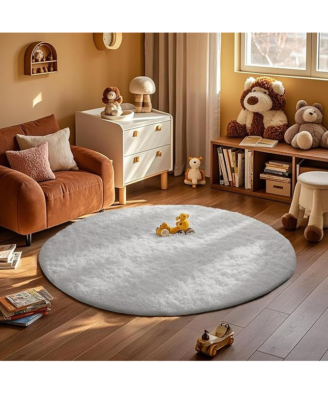 Ophanie Round Rug 6Ft White Circle Area Rug, Aesthetic Room Decor, Fluffy Fuzzy Bedroom Carpet, Plush Soft Shaggy Living Room Rugs for Kids Home Decor, Nursery