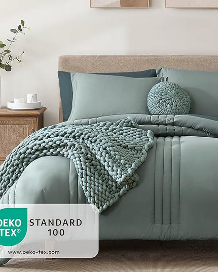 Monbix California King Size Comforter Set - 7 Pieces Bed in a Bag California King, Sage Green Bedding Sets, All Seasons Down Alternative Comforter Bed Set with Sheets, Pillowcases & Shams