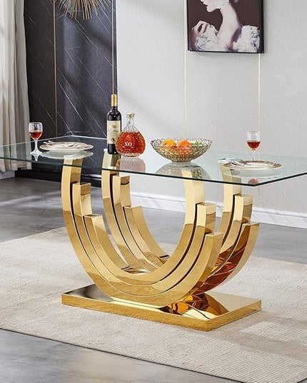 Henf 70'' Glass Dining Table for 4-8 People, Sturdy Stainless Steel Base, Rectangular Dining Room Table for 6, Glass Kitchen Table for Family, Gold Dining Table for 6