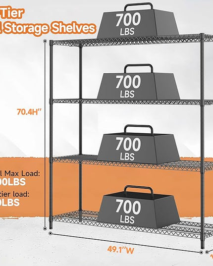 4 Tiers Storage Shelves Load 2640LBS, Metal Shelving Wire Metal Shelving Unit Shelves for Storage Adjustable Garage Shelving for Pantry Kitchen Garage Black 17.7" D x 59.1" W x 70.4" H