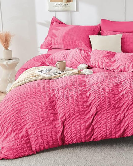 HYMOKEGE Hot Pink California King Comforter Set Seersucker 7 Pieces, All Season Luxury Bed in a Bag for Bedroom, Bedding Set with Comforter, Sheets, Pillowcases & Shams