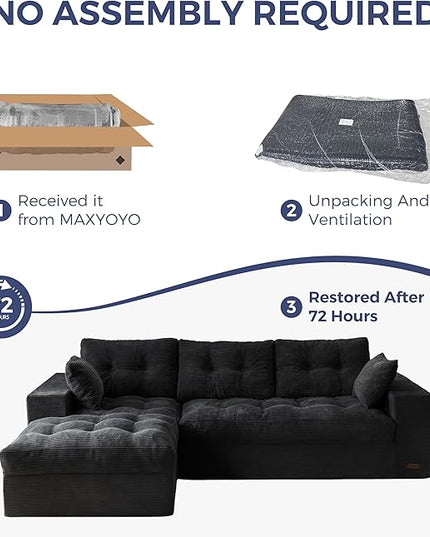 MAXYOYO 104" L Shaped Modular Sectional Sofa with Ottoman, Cloud Boneless Couch with Layered Cushion, Upholstered Sofa in a Box, Flexible Module Combination for Living Room, No Assembly, Black
