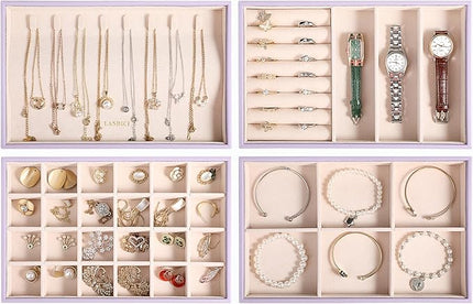 LANDICI Stackable Jewelry Organizer Trays 4 Set,PU Leather Jewelry Organizer Drawer,Jewelry Storage Display Tray for Earring Necklace Rings Bracelet with Removable Dividers,Lavender