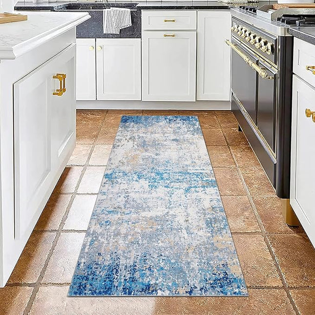 Modern Abstract 2x7 Runner Rug Washable Non Slip Stain Resistant Rug for Hallway Kitchen Bedroom Non Shedding Low Pile Indoor Floor Cover,Blue/Grey