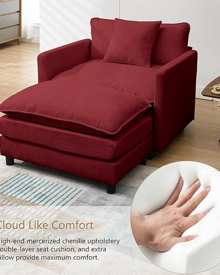 SZLIZCCC 56.3''D Oversized Chaise Lounge Chair Indoor, Comfy Chenille Upholstered Sofa Chair with Ottoman, Deep Seat Single Sofa Couch with 1 Pillow for Living Room(Wine red, 56.3''-Single)