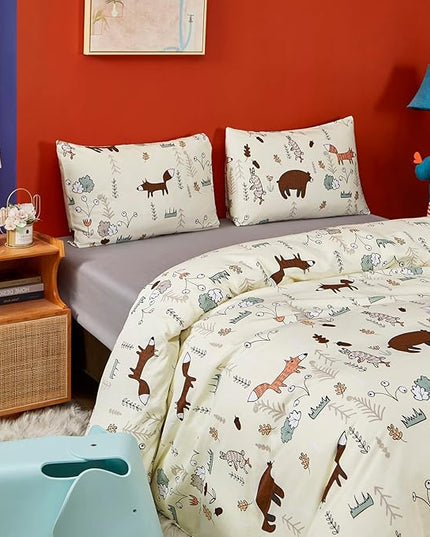 CLOTHKNOW Kids Full Size Comforter Sets Yellow Bear Cartoon Bedding Comforter Sets Fox Theme Woodland Forest Bedding with 2 x Pillow Cases