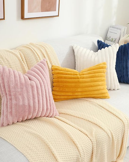 decorUhome Faux Fur Spring Throw Pillow Covers 26x26 Set of 2, Decorative Soft Plush Striped Neutral Couch Euro Pillow Covers with Velvet Back for Sofa, Bed, Living Room Home Decor, Cream White