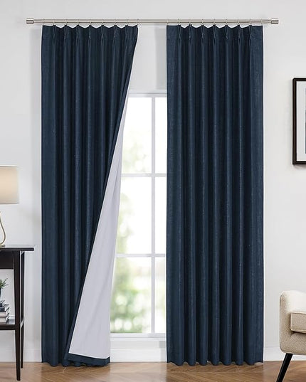 Vision Home Navy Blue Pinch Pleated Full Blackout Curtains Linen Blended Room Darkening Curtain Panels 112 inch for Living Room Bedroom Thermal Insulated Pinch Pleat Drapes with Hooks 40" Wx112 Lx2