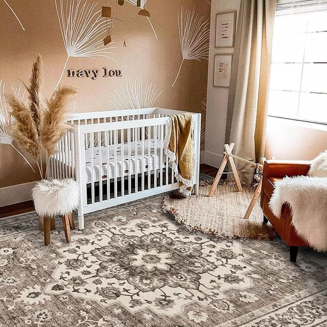 Washable Oriental Area Rug - 8x10 Rugs for Living Room Soft Carpet for Bedroom Waterproof Floral Distressed Indoor Stain Resistant Non-Shedding Floor Carpets (Beige, 8x10)