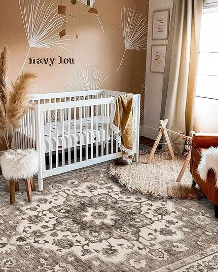 Washable Oriental Area Rug - 5x8 Rugs for Living Room Soft Carpet for Bedroom Waterproof Floral Distressed Indoor Stain Resistant Non-Shedding Floor Carpets (Beige, 5x8)