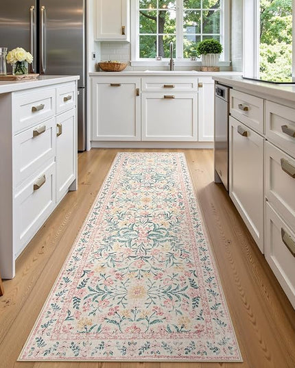 Wonnitar Floral Washable Runner Rug, 2'6"x8' Runners for Hallways Pink Rugs for Entryway Bedroom, Boho Non Slip Soft 8ft Long Carpet for Kitchen Bathroom Laundry