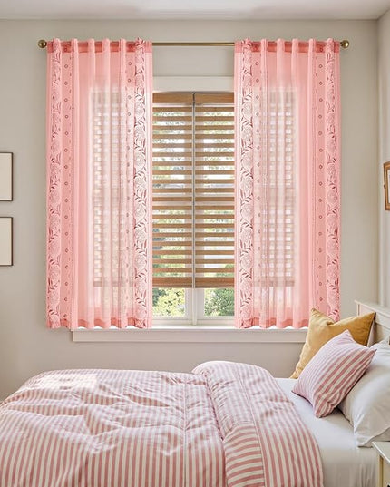 jinchan Winslow Sheer Curtains 63 Inch Length for Dorm Bedroom Bordered Floral Pattern Decorations Short Curtains Light Filtering Window Treatments, 50W x 63L, 2 Panels