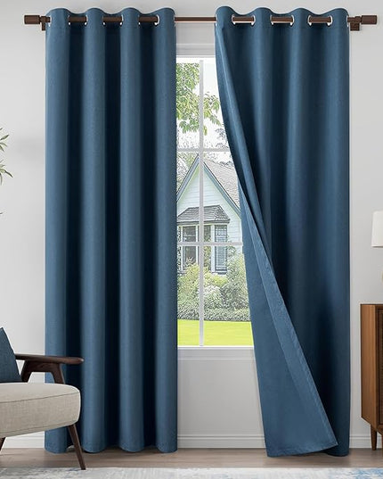 100% Blackout Linen Textured Curtains 84 Inch Length 2 Panels Set for Living room, Bedroom, Light Weight Curtains with Grommets Top, Full Blackout Curtains Privacy Protection, Dark Blue, 52" W x 84" L