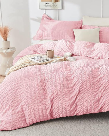 HYMOKEGE Pink/Ivory California King Comforter Set Seersucker 7 Pieces, All Season Luxury Bed in a Bag for Bedroom, Bedding Set with Comforter, Sheets, Pillowcases & Shams