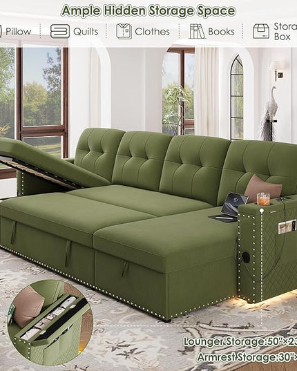HIFIT 106" Sectional Couches for Living Room- Pull Out Sleeper Sofa Couch w/Storage Chaise,Storage Armrest,LED Light&USB Port&Cupholder,Modern Velvet U Shaped Home Sofa Living Room Furniture Set,Green