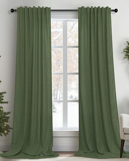 Christmas Olive Green Curtains 108 Inches Long for Living Room 2 Panels Set Back Tab Pocket Avocado Green Boho Drape Neutral Aesthetic Cottagecore Decor Linen Sheer Light Curtain for Kids Bedroom 9 FT