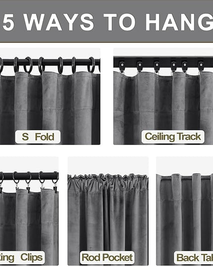 KOUFALL Grey Velvet Moody Blackout Curtains for Bedroom,Luxury Dark Charcoal Gray Black Out Curtain 96 Inches Long 2 Panels Set Back Tab Pleated Drapes for Living Room