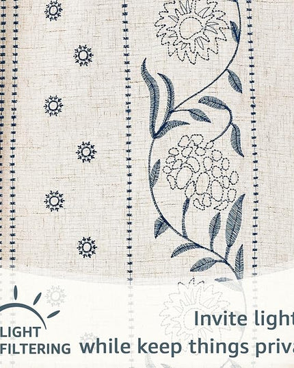 jinchan Winslow 96 Inch Curtains 4 Panel Set Embroidered Bordered Floral Curtains for Living Room Farmhouse Decor Light Filtering Window Treatments Blue on Beige Drapes 4 Panels