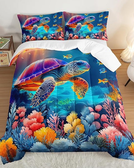 Ocean Bedding Turtle Comforter Set Queen Size,Undersea World Bedding Collections for Kids Teens Boys Room Decor,Colorful Coral Aquatic Plants Beach Themed Bedding with 2 Pillowcases.