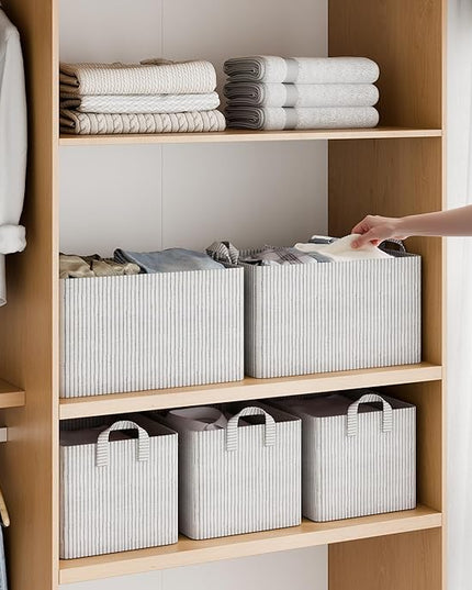 StorageWorks Storage Bins, Fabric Storage Bins for Shelves, Large Storage Baskets with Metal Frame, Closet Baskets and Bins with Handles, Khaki and Beige Stripes, 2-Pack