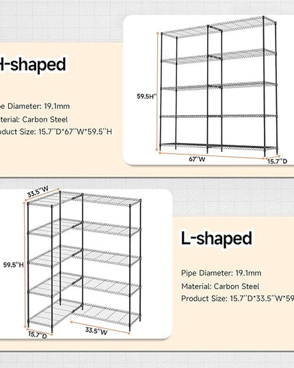 5 Tiers Storage Shelves Load 1500LBS, Metal Shelving Wire Metal Shelving Unit Shelves for Storage Adjustable Garage Shelving for Pantry Kitchen Garage Black 15.8" D x 33.5" W x 70.5" H