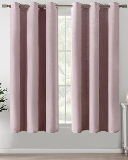 100% Blackout Pink Linen Textured Short Curtains 64 Inch Length 2 Panels Set for Kitchen Bedroom, Thermal Insulated Grommet Linen Drapes for Nursery, Pink, W37 x L64, 2 Panels