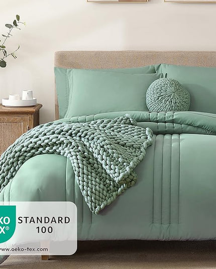 Monbix Queen Comforter Set - 7 Pieces Harbor Green Bed in a Bag Queen Bedding Sets with Comforters, All Seasons Down Alternative Comforter Bed Set with Sheets, Pillowcases & Shams