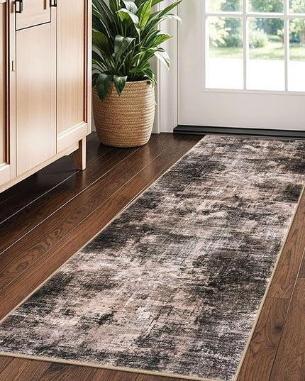 IOHOUZE Abstract Runner Rug 2x5 Ft Washable Runners for Hallways, Non Slip Kitchen Runner Printed Faux Wool Entryway Runner Indoor, Modern Abstract Floor Carpet for Hall Kitchen Bedroom, Brown/Rust