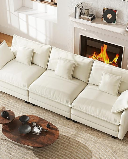 111.4” Cloud Couch Modular Sectional Sofa, Comfy Modern 3-Seater Couches with Pillows & Upholstered Deep Seat Cushion for Apartment Living Room Bedroom （Beige）
