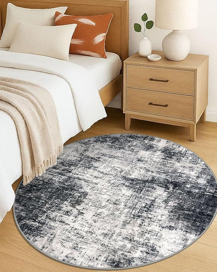 IOHOUZE Round Area Rug 5 Ft Circle Entryway Rugs Round Washable Door Mat Indoor Entrance, Non Slip Circle Front Door Rug, Printed Abstract Faux Wool Floor Carpet for Foyer Porch Sink, Black Grey