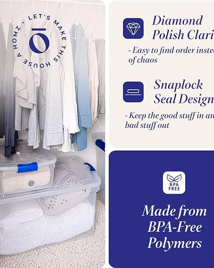 HOMZ 2-Pack Latching Lid, Clear Plastic Storage Organizer Bins, 112 Quart, Blue Latch - Stackable Organizing Containers for Home, Garage, and Office