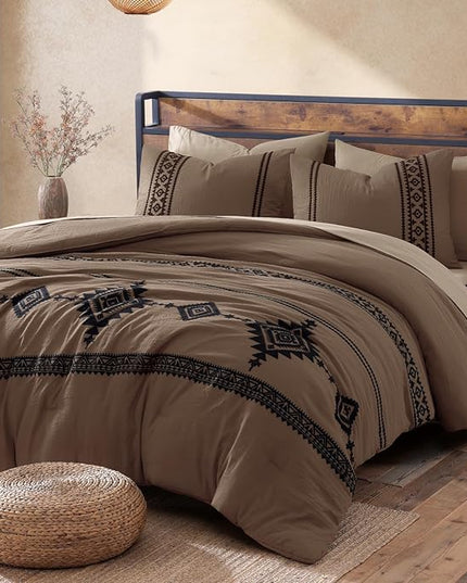 MaiRêve Embroidery Comforter Set, Boho Farmhouse Western Bedding Set, All Season Bed in A Bag Comforter Set with Sheets, Pillowcases & Shams, Brown Queen 7 Pieces