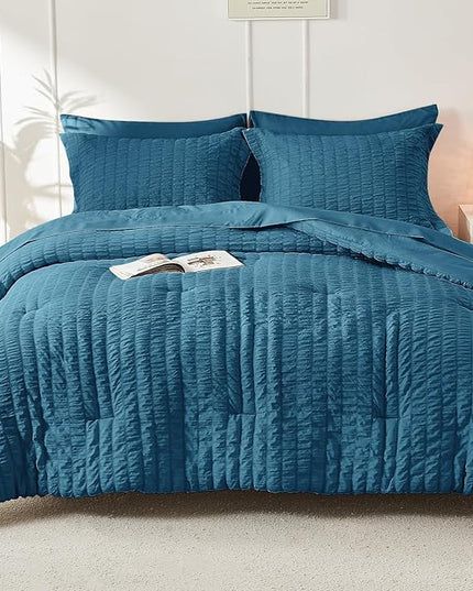 HYMOKEGE Teal Queen Comforter Set Seersucker 7 Pieces, All Season Luxury Bed in a Bag for Bedroom, Bedding Set with Comforters, Sheets, Pillowcases & Shams
