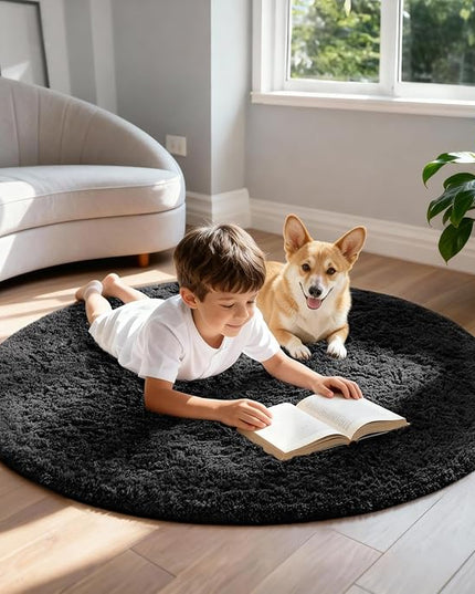 Ophanie Round Rug 4Ft Black Circle Area Rug, Room Decor for Men, Fluffy Fuzzy Bedroom Carpet, Plush Soft Shaggy Living Room Rugs for Kids Home Decor Aesthetic, Nursery