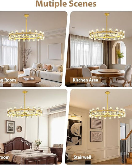 36-Light Large Gold Chandeliers for High Ceilings, 36 Inch Modern Crystal Wagon Wheel Chandelier, Farmhouse Industrial Round Chandelier Pendant Lighting Fixture for Dining Living Room Kitchen