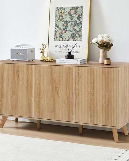 Fluted Sideboard Buffet Cabinet with Storage, Modern Storage Cabinet with 3 Doors, Wood Credenza Buffet Sideboards, Bar Cabinets Console Table for Kitchen Dining Living Room Entryway (Natural)