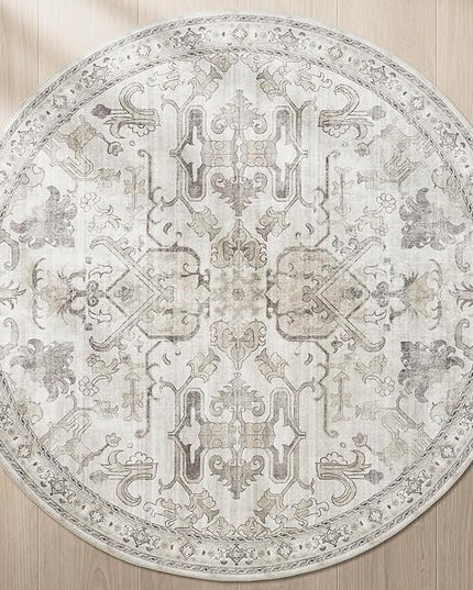 jinchan Round Rug 4ft Area Rug Indoor Vintage Floral Circle 4' Washable Ultra-Thin Low Pile Soft Small Non Slip Distressed Print for Living Room Dining Room Bedroom Entryway Taupe
