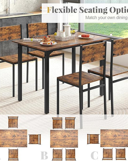 Giantex Dining Table Set for 4, 5-Piece Kitchen Table Set with Dinner Table, Dining Chairs, Metal Frame, Space-Saving Dinette Set for Living Room Restaurant, Breakfast Nook Table Set, Rustic Brown