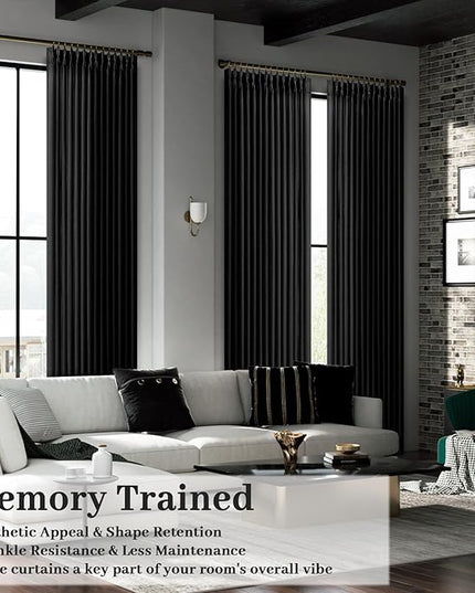 Pinch Pleat Memory Trained Shaped 96 Inch Length Linen Black Curtains for Living Room, Extra Long Bedroom Drapes Vintage Thick Light Filtering Fabric Ceiling Floor Window Curtain 8 ft 40" x 96"
