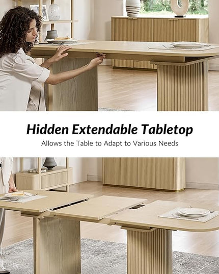 Modern Extendable Dining Table, Light Oak Wood, Mid-Century Design with Hidden Extension Board, Fluted Double Column Base, Rounded Corners, for Kitchen, Living Room
