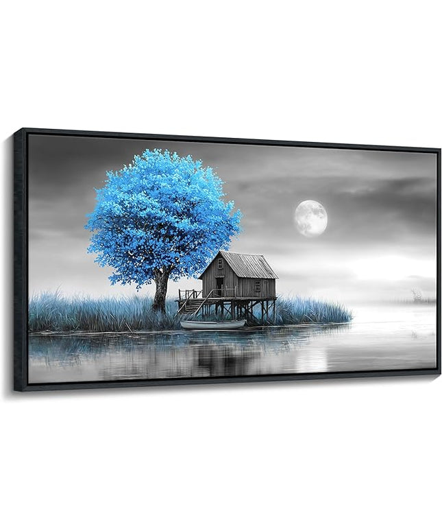 JEAWA Framed Canvas Wall Art Decor - Blue Gray Wall Art for Bedroom Living Room Home Office, Winter Landscape Wall Art Canvas Paintings, Moon Pictures Wall Decor, Tree Art Wall Decor, 24x48 IN
