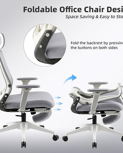 Foldable Office Chair with Foot Rest, Ergonomic Office Chair with Adjustable Lumbar Support, Headrest, Armrest, Home Office Desk Chairs for Space Saving, Grey
