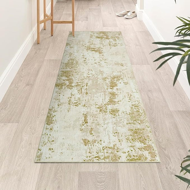 Modern Abstract 2x6 Runner Rug Washable Non Slip Stain Resistant Rug for Hallway Kitchen Bedroom Non Shedding Low Pile Indoor Floor Cover,Golden Grey