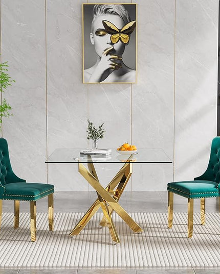Glass Dining Table Set for 2, Square 36" Dining Table with Gold Cross Metal Leg, 2 Green Velvet Dining Chairs with Stainless Steel Legs, Modern Glass Kitchen Table and Chairs Set for Small Space