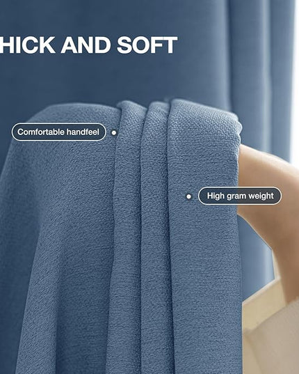 100% Blackout Curtains 102 inch Length 2 Panels for Living Room, Linen-Look Textured Room Darkening Thermal Insulated Soundproof Farmhouse Drapes for Bedroom (W52xL102, Blue)