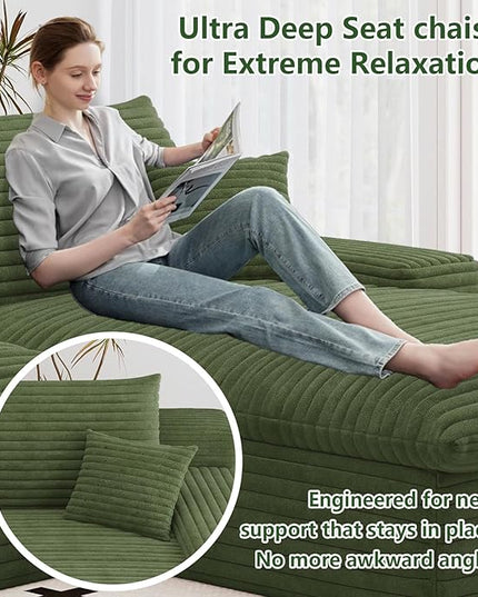 136" Cloud Couch Modular Sectional Sofa for Living Room, U-Shape Boneless Couch with Deep Seat, Modern Corduroy 4-Seater with Ottoman, No Assembly Required (Green,Right-Facing Chaise)