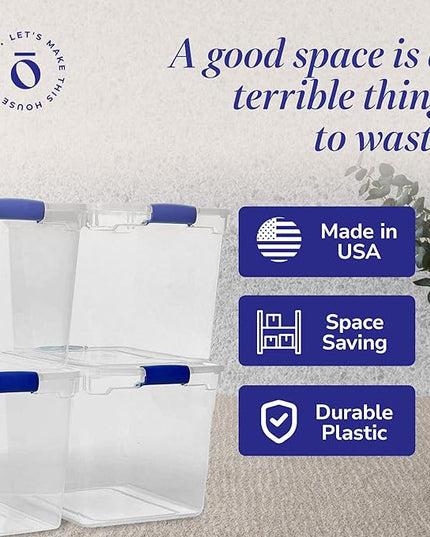 HOMZ 4-Pack Latching Lid, Large Clear Plastic Storage Bins with Lids, 31 Quart, Blue Latch - Stackable Container Boxes for Home, Bathroom, and Office Organization
