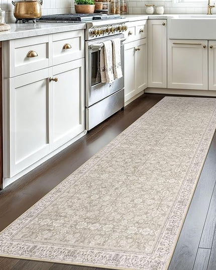 2.6x8 Washable Runner Rug for Kitchen, Cream Beige White Grey Soft Classic Runner with Non-Slip, Non-Shedding Distressed Floral Rug for Hallways Entryway Bedroom Laundry Indoor